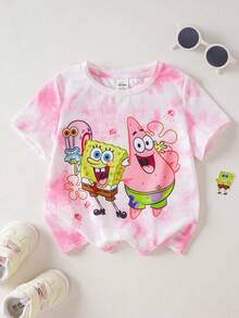 SpongeBob SquarePants | SHEIN Cartoon Print & Tie-Dye Round Neck Short Sleeve T-Shirt For Young Girls - Pink - View 1