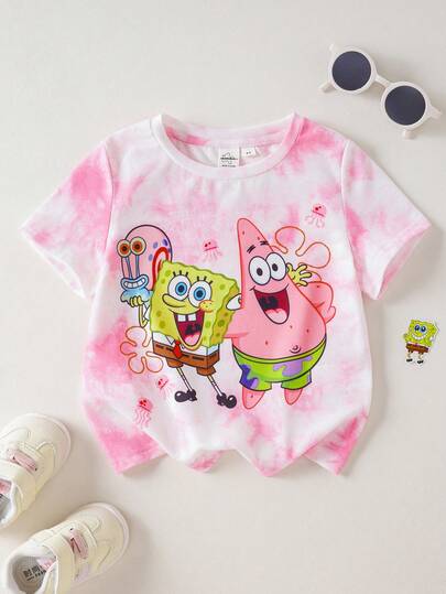 SpongeBob SquarePants | SHEIN Cartoon Print & Tie-Dye Round Neck Short Sleeve T-Shirt For Young Girls