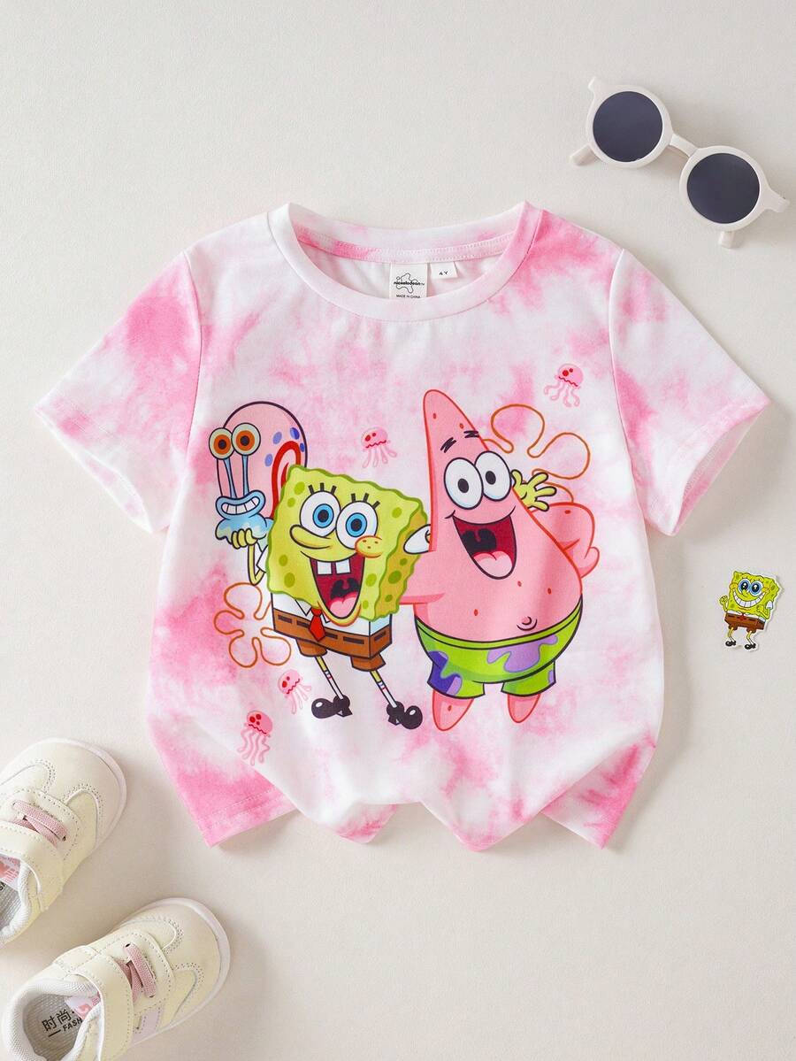 SpongeBob SquarePants | SHEIN Cartoon Print & Tie-Dye Round Neck Short Sleeve T-Shirt For Young Girls - Pink - View 1