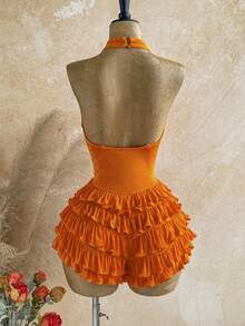 Soleia Bộ jumpsuit hở lưng dệt kim màu mơ với họa tiết vòng tròn trang trí, thanh lịch dành cho nữ, phù hợp cho Halloween, Giáng sinh, kỳ nghỉ, gợi cảm. - trái cam - Xem 2