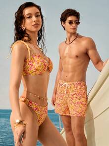 Manfinity VDAYZ Men Couple Matching Swimwear , Summer Boho Holiday Ditsy Floral Drawstring Waist Beach Shorts Vacation - Multicolor - View 2