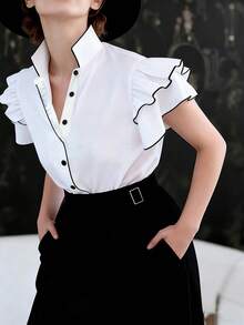 SHEIN LUNE 法式优雅双层荷叶袖撞色衬衫 - 白色 - 查看 3