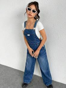 SHEIN EZwear 女士纯色贴袋休闲牛仔背带连体裤 - 中等水洗藍 - 查看 3