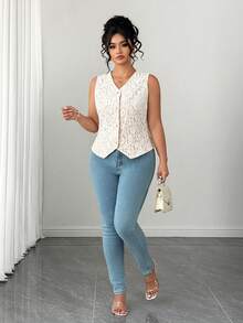Elenzga Plus Size Women Elegant Lace Single-Breasted Vest - Apricot - View 5