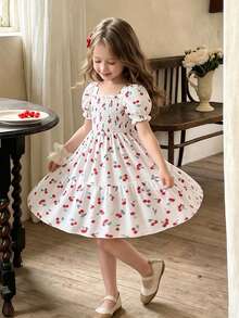SHEIN Elladie kids 1件女童夏季新款多巴胺度假樱桃印花吊带连衣裙，可爱时尚沙滩裙，适合外出和度假 - 彩色 - 查看 3