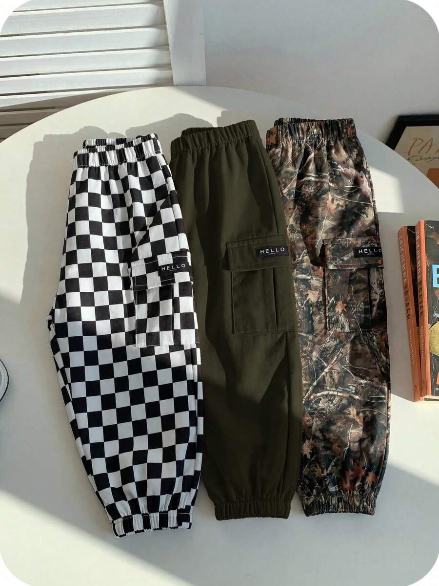 SHEIN 3pcs Baby Boy Casual Camouflage, Plaid, Solid Color Cargo Pants, Cargo Pants Set, Suitable For Summer, Spring, Autumn - Multicolor - View 1