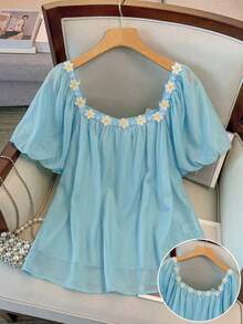 GlowEve CURVE Camisa de ajuste regular tejida de talla grande con bordado de encaje - Azul - Ver 1