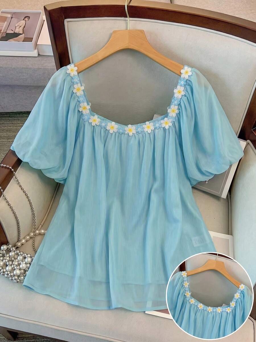 GlowEve CURVE Camisa de ajuste regular tejida de talla grande con bordado de encaje - Azul - Ver 1