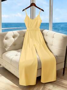 GlowEve Bộ jumpsuit nữ mùa hè màu trơn cổ chữ V không tay ống rộng, kiểu dáng thanh lịch với phần eo xếp ly. - Màu vàng - Xem 2