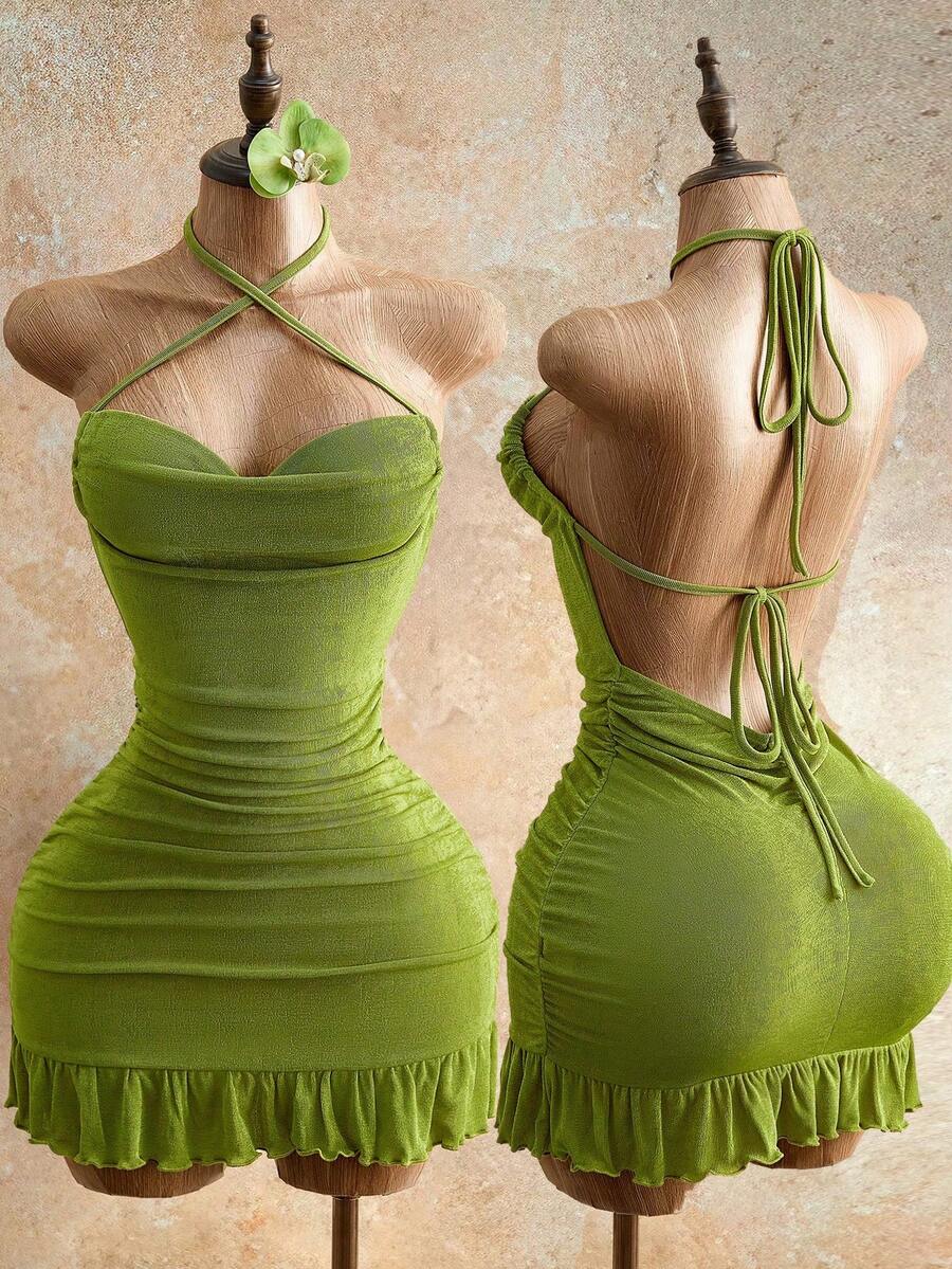 SHEIN PETITE Women's Pastal Summer 70s Retro Sexy Mini Bodycon Dress, Halter Cami Tie Back Night Out Golf Party Dress, Drawstring Detail Club Outfits For Women - Olive Green - View 1