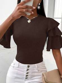 EMERY ROSE Women's Solid Color Round Neck Ruffle Sleeve Casual T-Shirt - Coffee Brown - View 4