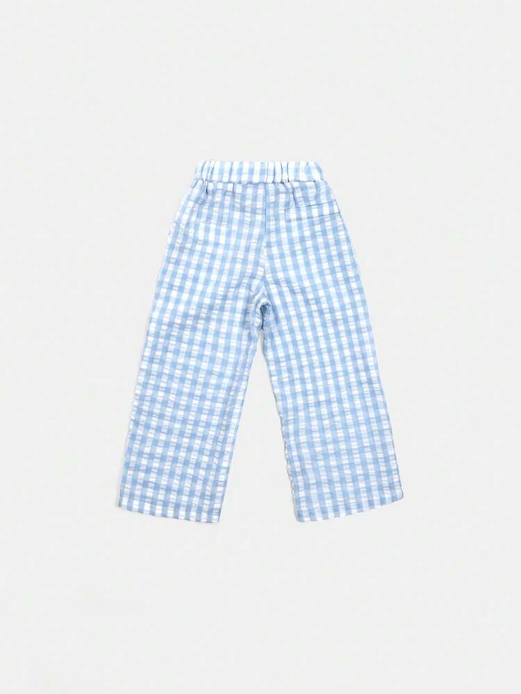Boys Gingham Check Pants With Banana Embroidery Spring Summer Comfortable Casual Seersucker Drawstring Pants