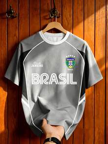 Manfinity Campus Court Áo đấu bóng đá Brazil BRASIL chữ vàng và xanh lá cây kiểu retro, áo tập bóng đá cổ tròn dáng rộng phối màu vàng và xanh lá cây tương phản, áo thun in hình dành cho nam/nữ, áo thể thao mùa hè cho nam, trang phục bóng đá. - Nhiều màu - Xem 3