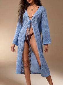 SHEIN 女士镂空和服罩衫，适合夏季海滩度假 - 淺藍色 - 查看 3