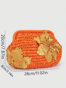 SHECARRY 1個度假風彩色亮片花朵扣餃子包，熱帶海灘手拿包，春夏草編包，時尚鍊條斜背包女款 - 橘色 - 查看 2