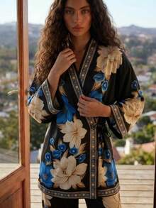 CAJUNI Black Boho Wrap-Style Kimono With Floral Print. - Black - View 3