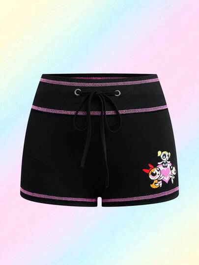 THE POWERPUFF GIRLS X SHEIN Women's Summer Fashion Cartoon Pattern Contrast Stitching Drawstring Waist Leggings