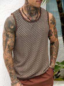 Manfinity CasualCool Men's Openwork Knit Jacquard Brown Vacation Vibe Tank Top, Spring/Summer - Coffee Brown - View 1