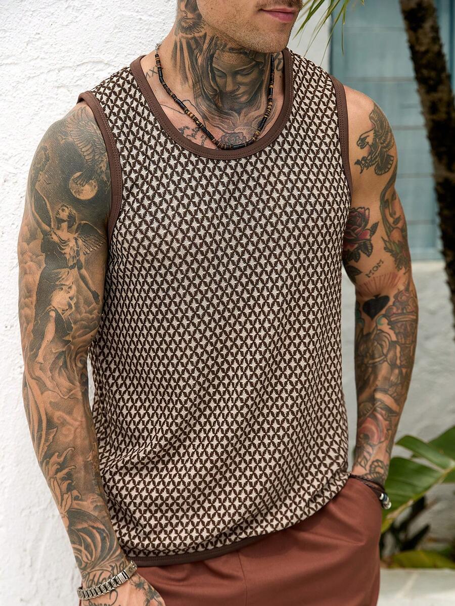 Manfinity CasualCool Men's Openwork Knit Jacquard Brown Vacation Vibe Tank Top, Spring/Summer - Coffee Brown - View 1