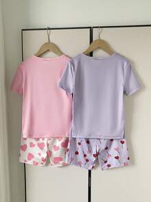 Set Piyama Anak Perempuan 4pcs/Set, Atasan Lengan Pendek dan Celana Pendek Motif Permen Lolipop dan Hati Warna-warni, Pas di Badan, Musim Panas - Purple - View 2