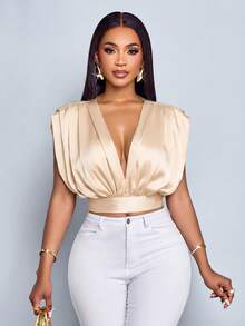 SOLERSUN Blusa de satén con cuello en V plisado y espalda descubierta, en color albaricoque, elegante y adecuada para el trabajo diario. - Albaricoque - Ver 6