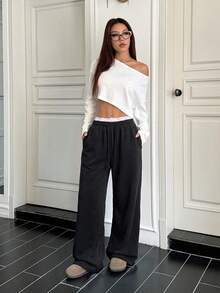 SHEIN EZwear Contrast Color Lace Patchwork Drawstring Waist Oblique Pocket Women's Pants - Black - View 3