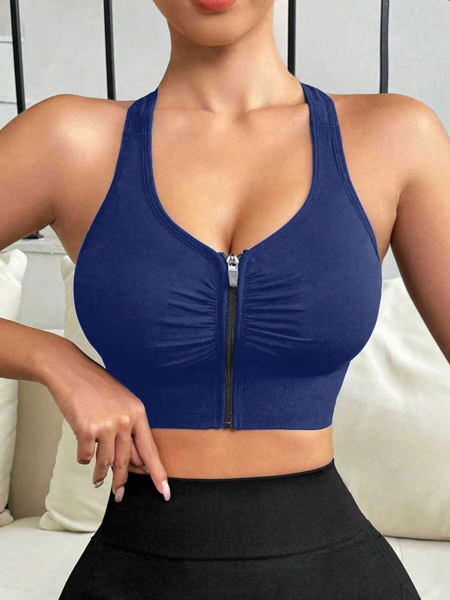 Easithlete Easithlete Bra Olahraga Wanita Warna Polos dengan Lipit dan Resleting di Bagian Depan - Navy Blue - View 1