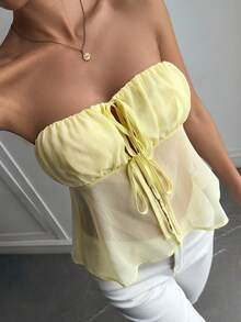 DAZY Áo quây xuyên thấu buộc dây thời trang đa năng dành cho nữ - Màu vàng ngỗng - Xem 3