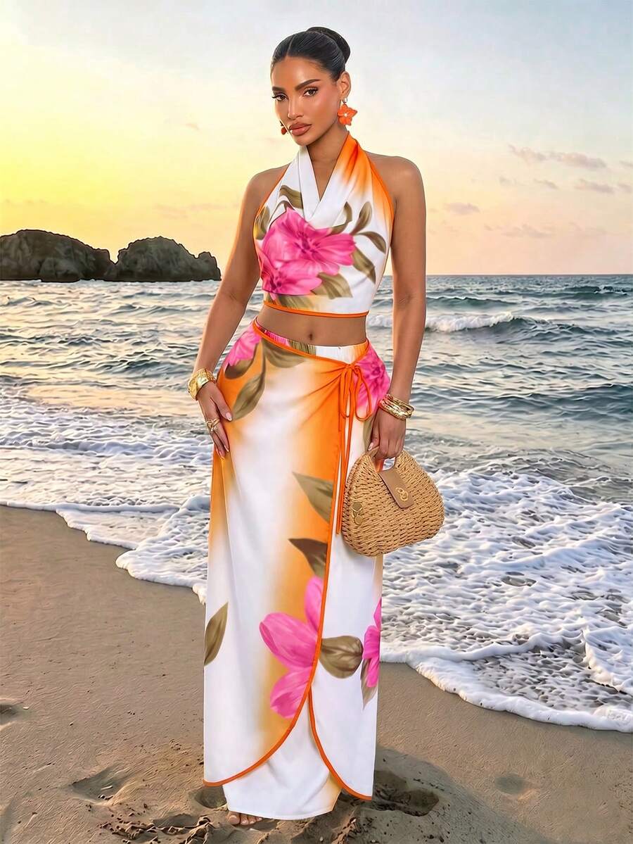 SOLERSUN 性感优雅的女士海滩度假/约会套装：一套两件式服装，包括一件露背上衣和一条裙子，风格精致优雅，充满“老钱”气息，非常适合春夏穿着。