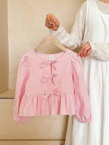 SHEIN LMoss Kids Áo sơ mi dệt sọc tay phồng dáng rộng thoải mái cho bé gái - Màu Hồng baby - Xem 1
