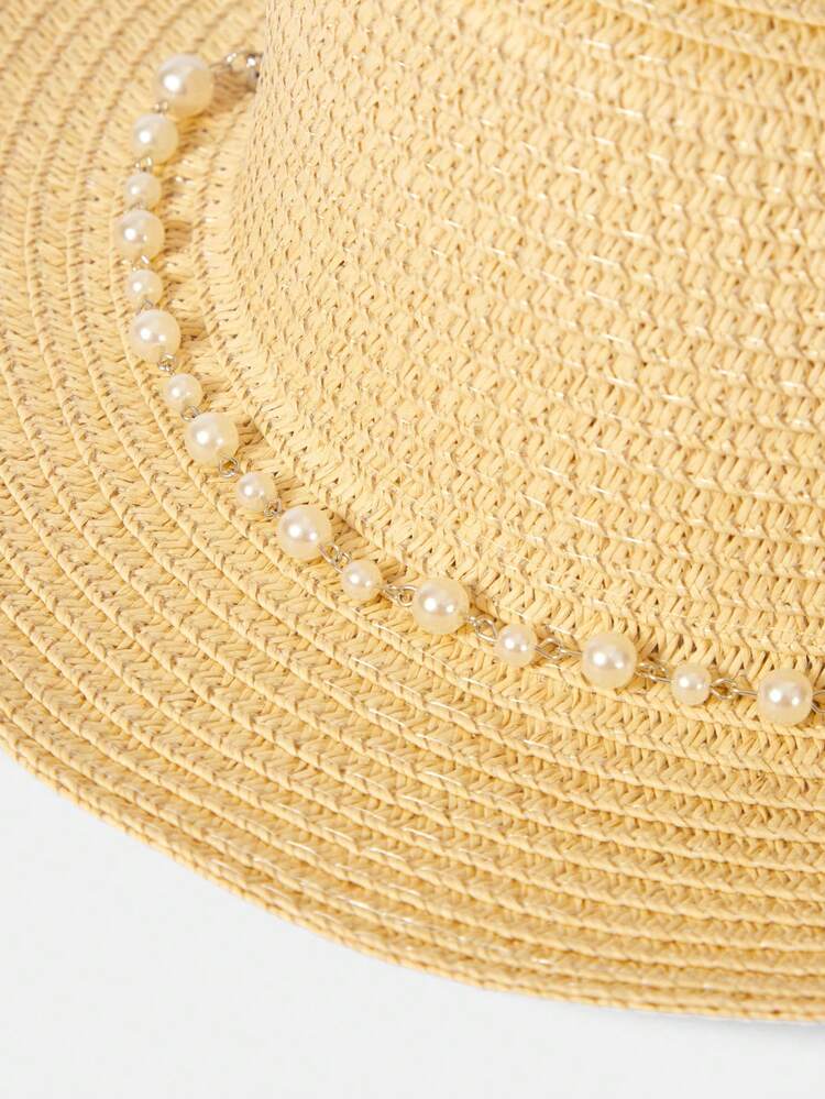 1 STYLISH RETRO PEARL CHAIN FLAT TOP ELEGANT STRAW HAT