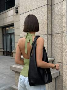 Ritzy Row New Elegant V-Neck Backless Fitted Tank Top, Minimalist Design, Commuting Chic, Spring/Summer - Olive Green - View 2