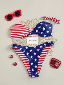 Swim Vcay Bộ bikini hai mảnh gợi cảm in hình cờ Mỹ dành cho nữ, gồm áo quây xoắn phía trước và quần lọt khe cạp cao (dây đeo có thể tháo rời), hoàn hảo cho kỳ nghỉ xuân, lễ hội mùa thu, trang phục đi nghỉ mát, trang phục ngày lễ và trang phục dự tiệc/Bikini hai mặt. Bikini ngày 4 tháng 7. Bộ đồ bơi hai mảnh cờ Mỹ. Ngày Độc lập - Nhiều màu - Xem 5