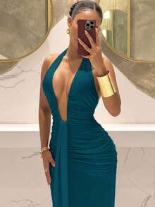 Slaydiva 2025新款优雅深V领美人鱼连衣裙，适合派对、生日、酒吧、夜店、情人节、万圣节、圣诞节等场合 - 棕色 - 藏蓝色 - 查看 5