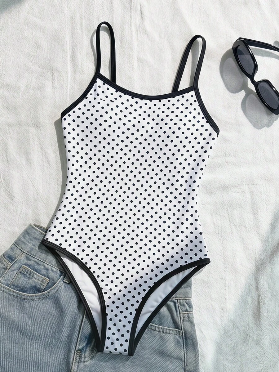 SHEIN 少女针织黑白波点休闲度假连体泳衣 - 黑與白 - 查看 1
