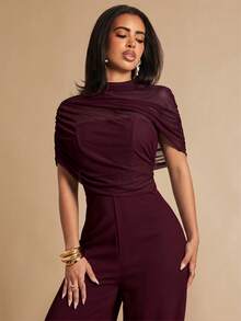 Silquee Women's Solid Color Pleated Wide Leg Elegant Jumpsuit - Maroon - View 4