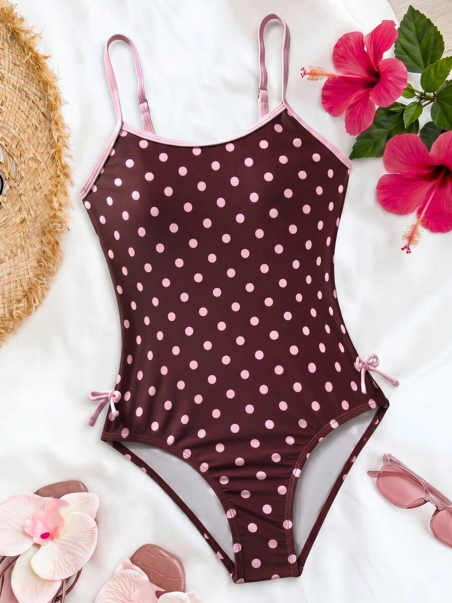 SHEIN Tween Girl Brown And Pink Polka Dot Print Contrast Color 1pc Swimsuit, Cute Fashionable Summer Beach Holiday Style For Spring/Summer - Multicolor - View 1