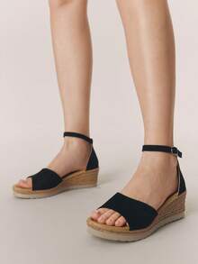 Styleloop Giày sandal đế xuồng kiểu La Mã cho nữ, kiểu dáng chéo, cao gót, hở mũi, có khóa cài, chất liệu rơm, thích hợp cho mùa xuân, hè, mẫu mới, mang đến không khí nghỉ dưỡng, trang phục mùa hè, món đồ không thể thiếu khi đi du lịch. - Đen nâu nhạt - Xem 5