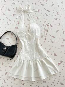 Flirla Women's Sexy Backless Halter Neck Dress, Hollow Out Beach Vacation Mini Dress - White - View 4