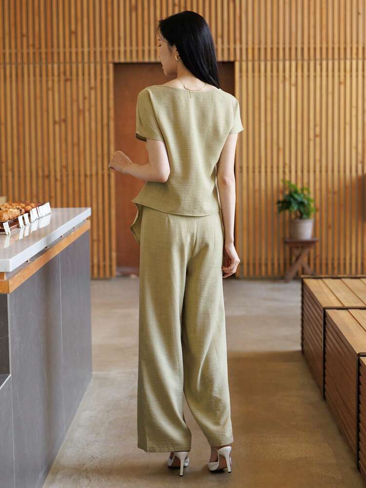 2pcs Women Casual Urban Style Short Sleeve Shirt And Straight Leg Pants Set, Suitable For Spring And Summer