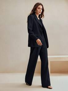 Anewsta Women's Solid Color Long Sleeve Jacket And Pants Formal Suit Set, Commuting Style - Navy Blue - View 2