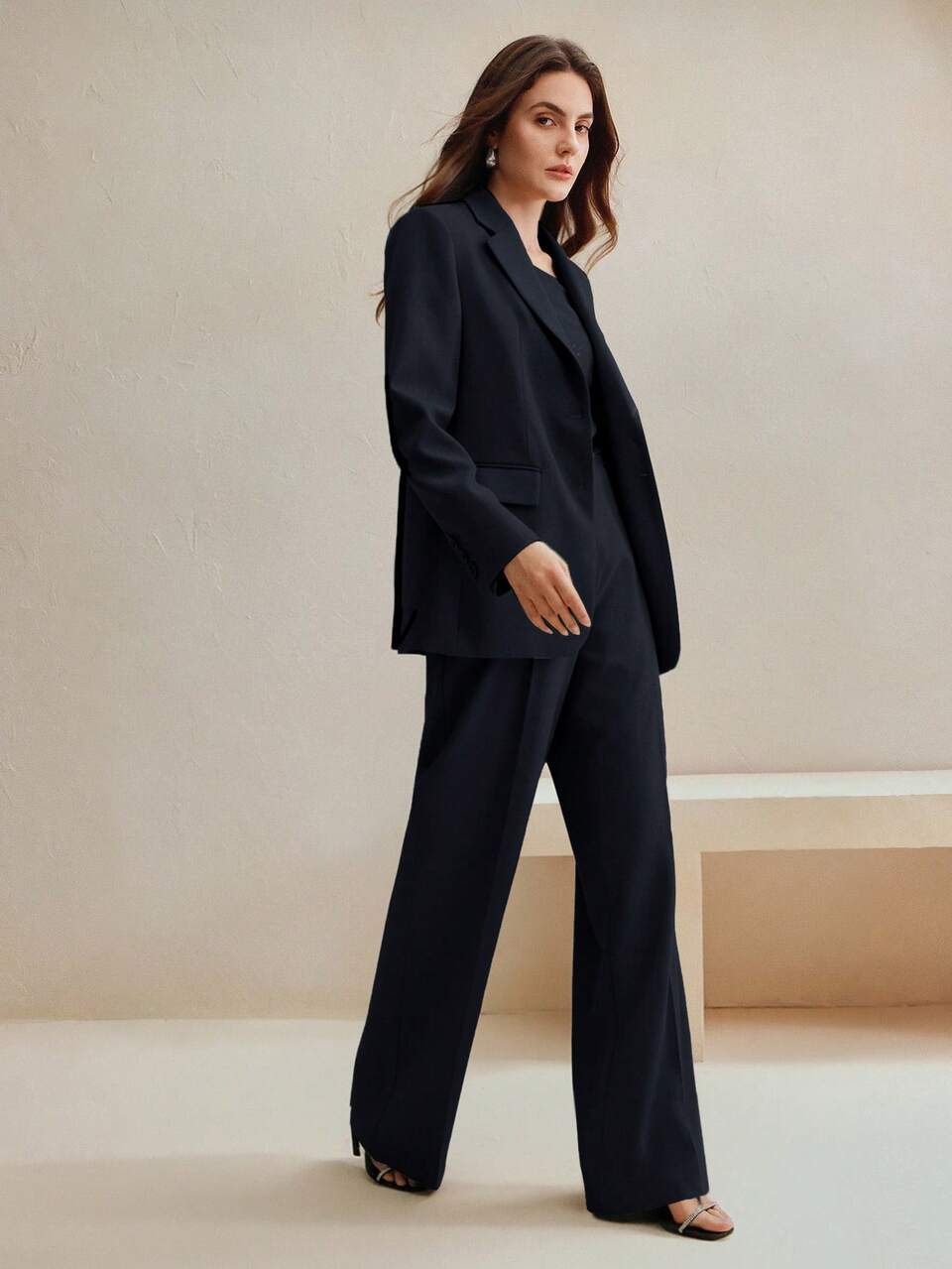 Anewsta Women's Solid Color Long Sleeve Jacket And Pants Formal Suit Set, Commuting Style