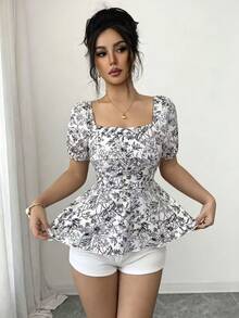 Elenzga Áo sơ mi nữ cổ vuông in họa tiết toàn thân, thời trang, đa năng, thích hợp cho hẹn hò hoặc du lịch. - Đen và trắng - Xem 5