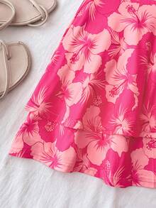 SHEIN Đầm ngắn ôm dáng cổ yếm xếp ly in hoa cho bé gái tuổi teen, họa tiết hoa dâm bụt hồng, thích hợp cho kỳ nghỉ xuân hè ở bãi biển, dự tiệc không tay thời trang, hẹn hò, ngày Valentine, lễ Phục sinh, lễ hội hóa trang, kỳ nghỉ trên du thuyền. - Màu Hồng Tươi - Xem 7