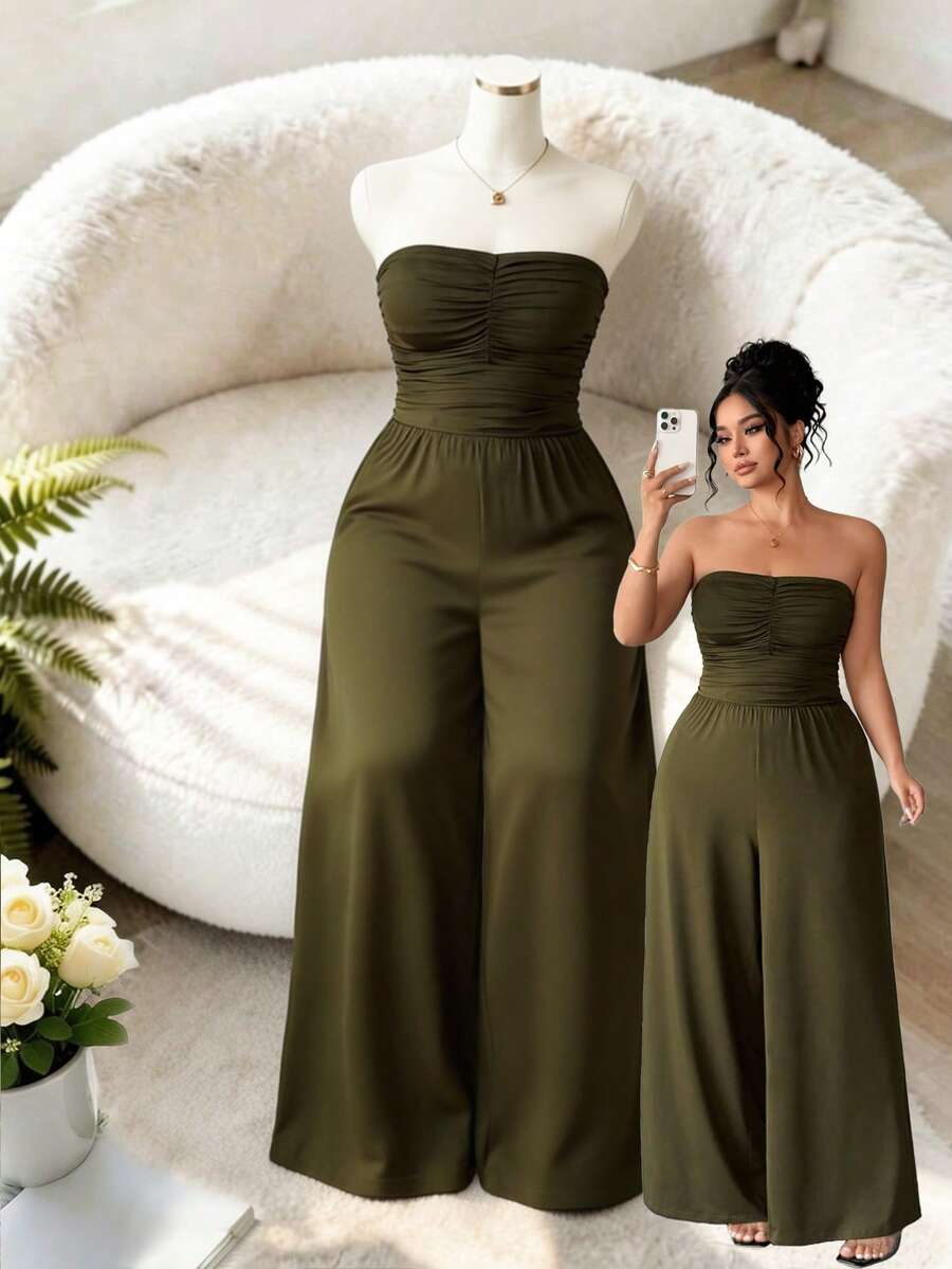 Elenzga Bộ jumpsuit ống rộng xếp ly không dây vai dành cho nữ cỡ lớn - xanh quân đội - Xem 1