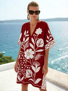 SHEIN Holidaya 简约米色和黑色花卉印花V领短袖宽松A字连衣裙，适合工作和休闲场合，版型修身，花卉图案装饰 - 酒紅色 - 查看 4