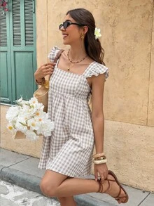 SHEIN Frenchy 女士休闲格子方领荷叶边迷你连衣裙，夏季 - 彩色 - 查看 8