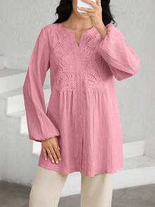 Graceveil Women's Lace Patchwork Textured Lantern Sleeve Blouse - Pink - View 6
