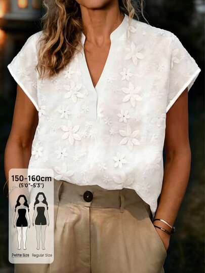 SHEIN PETITE Women's V-Neck 3D Floral Decor Casual Versatile Daily Short Sleeve Top, PETITE White Women's Blouse, Women's V-Neck Shirt, Women's Short Sleeve Shirt, Women's Summer Shirt, PETITE