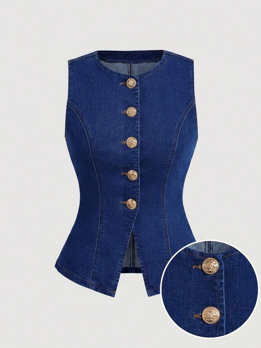 SHEIN MOD Women's Metal Single-Breasted Denim Vest - Dark Wash - View 1